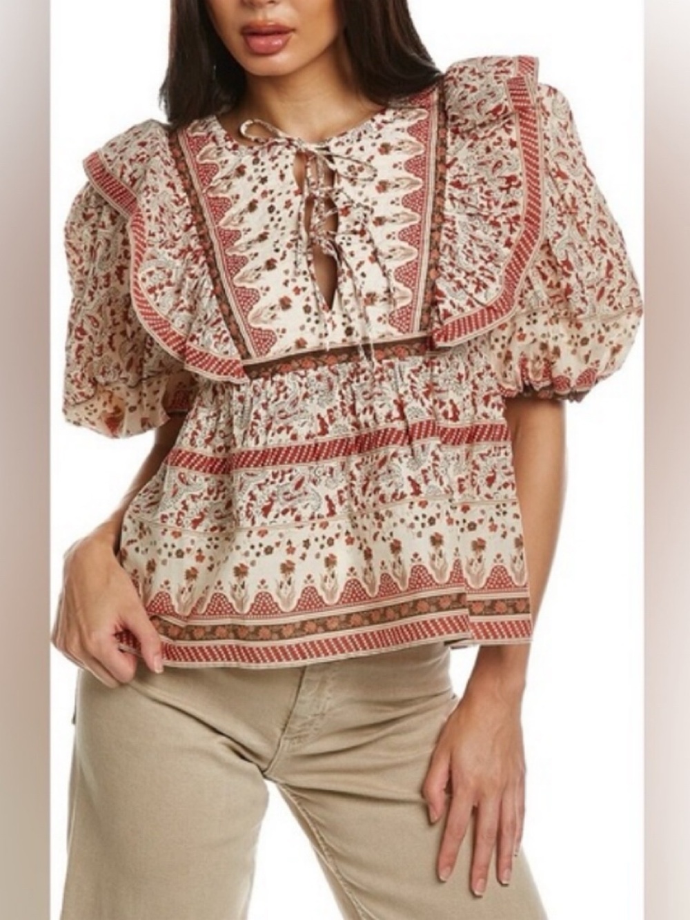 CALYPSO Boho Tie-Front Puff Sleeve Top in White, Black & Rust! 🍂